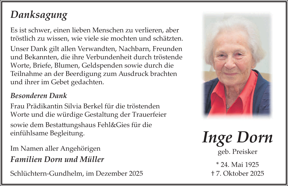  Traueranzeige für Inge Dorn vom 06.12.2025 aus FZ