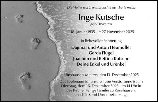 Traueranzeige von Inge Kutsche von FZ