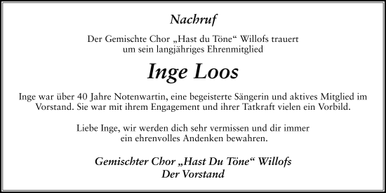Traueranzeige von Inge Loos von FZ