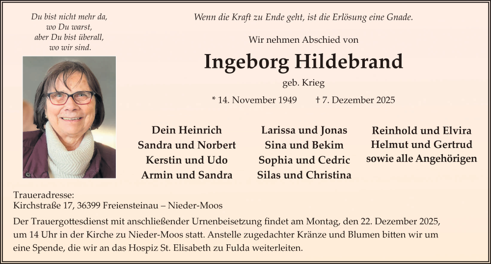  Traueranzeige für Ingeborg Hildebrand vom 17.12.2025 aus FZ