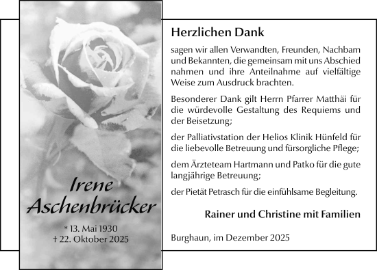 Traueranzeige von Irene Aschenbrücker von FZ
