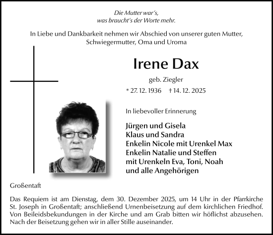 Traueranzeige von Irene Dax von FZ
