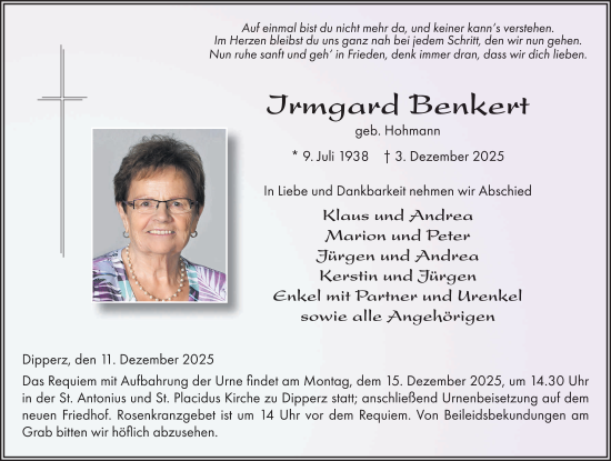 Traueranzeige von Irmgard Benkert von FZ
