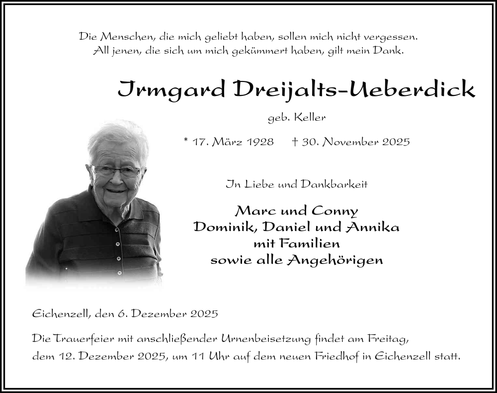  Traueranzeige für Irmgard Dreijalts-Ueberdick vom 06.12.2025 aus FZ
