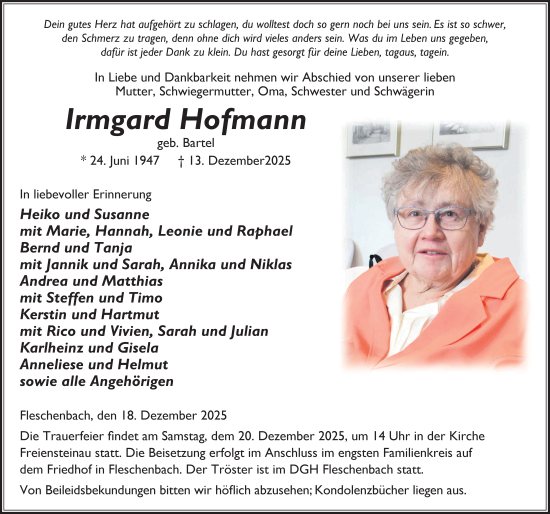 Traueranzeige von Irmgard Hofmann von FZ