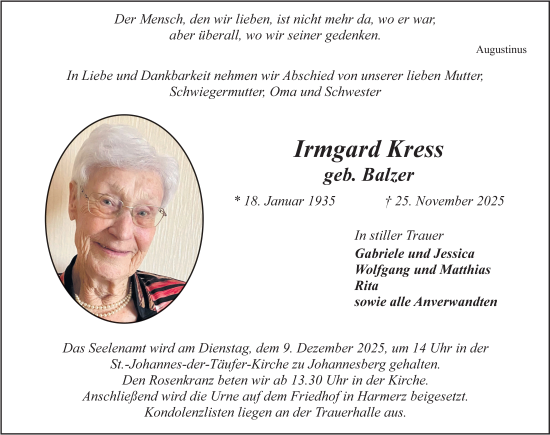 Traueranzeige von Irmgard Kress von FZ
