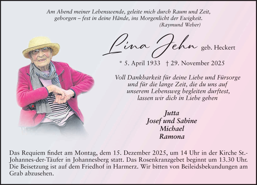  Traueranzeige für Johanna Lehn vom 06.12.2025 aus FZ