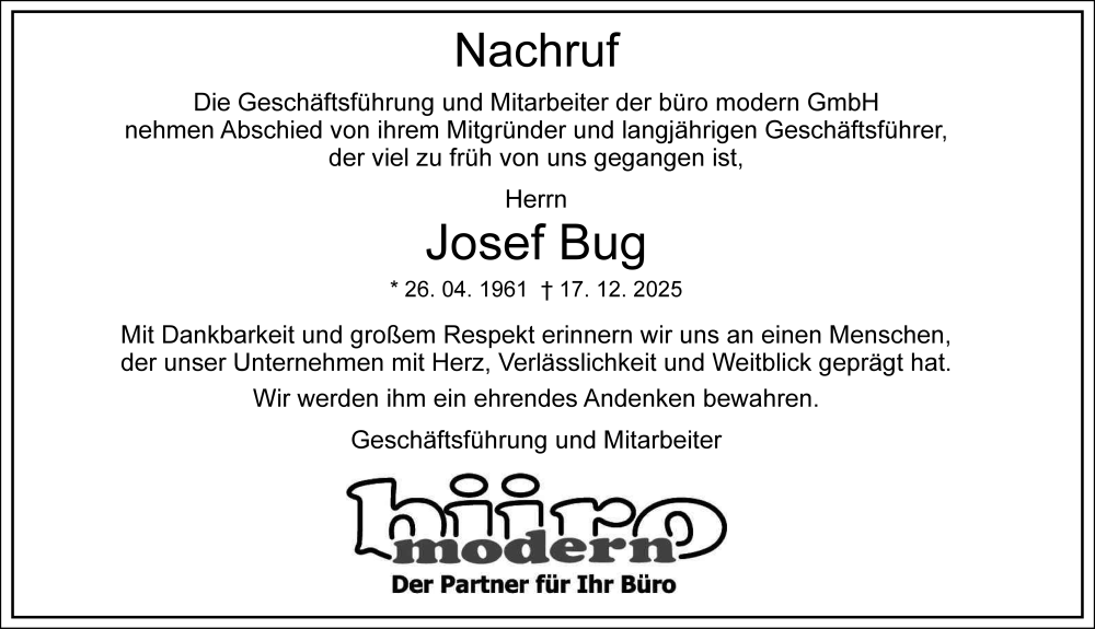  Traueranzeige für Josef Bug vom 27.12.2025 aus FZ