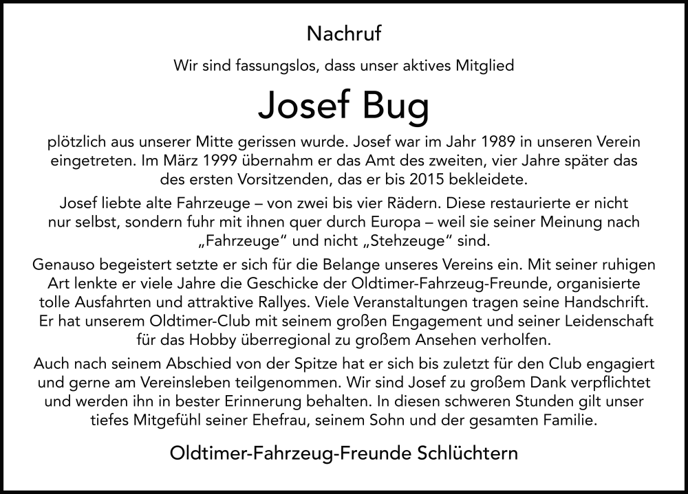  Traueranzeige für Josef Bug vom 27.12.2025 aus FZ