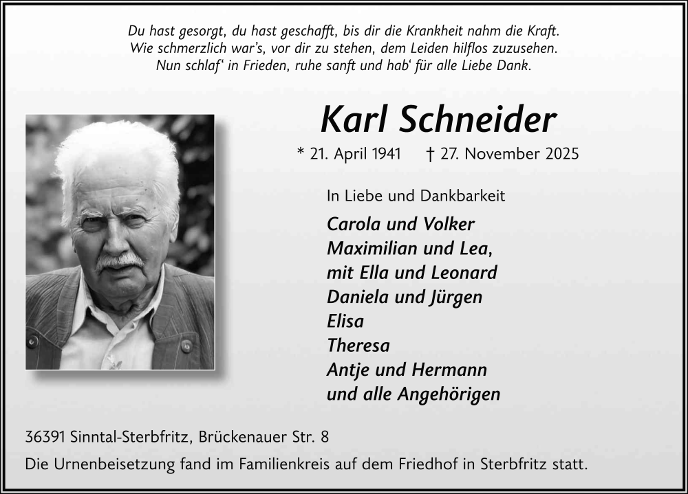  Traueranzeige für Karl Schneider vom 13.12.2025 aus FZ