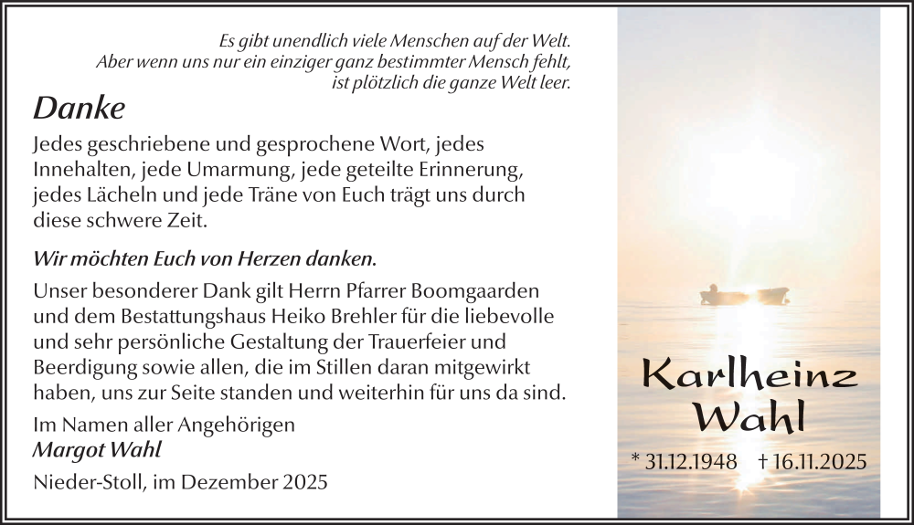 Traueranzeige für Karlheinz Wahl vom 27.12.2025 aus FZ