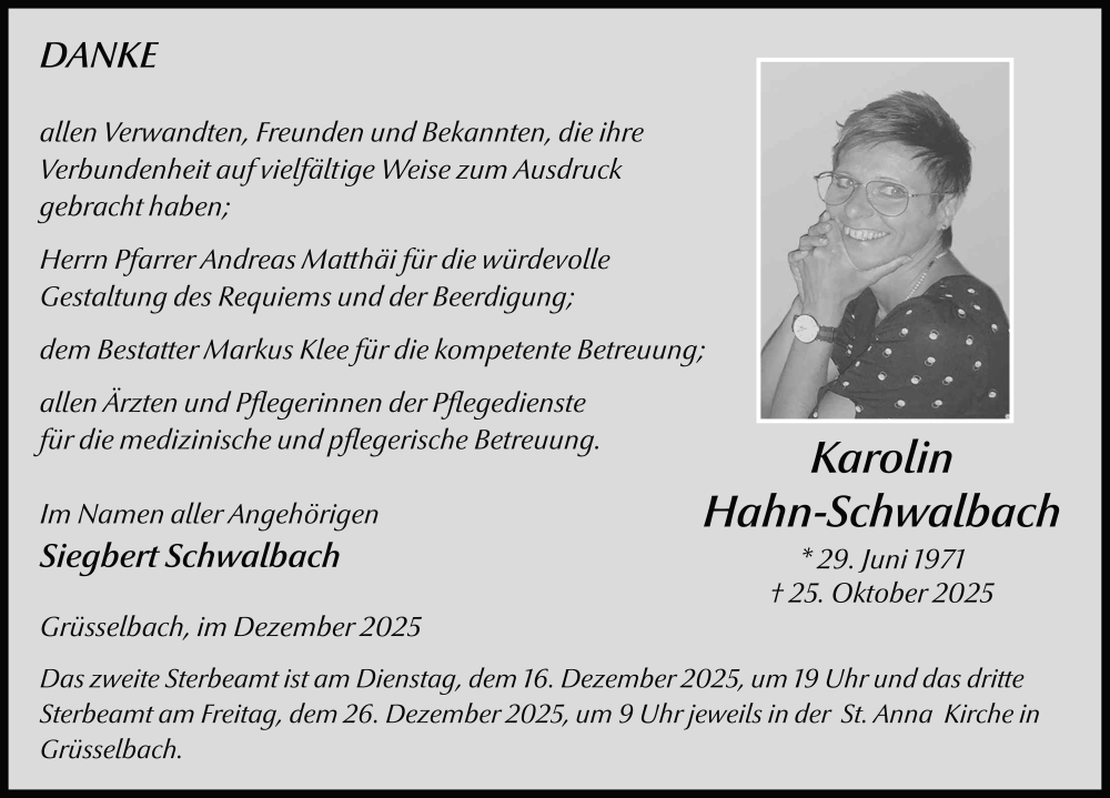  Traueranzeige für Karolin Hahn-Schwalbach vom 12.12.2025 aus FZ