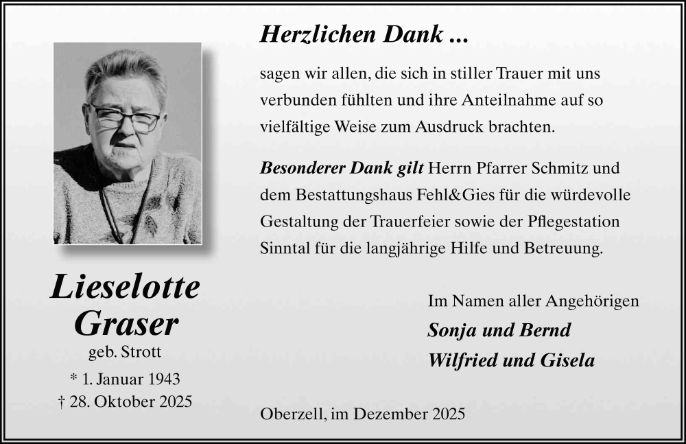  Traueranzeige für Lieselotte Graser vom 06.12.2025 aus FZ