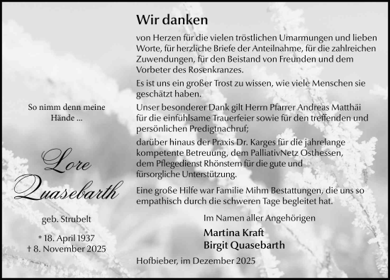 Traueranzeige von Lore Quasebarth von FZ
