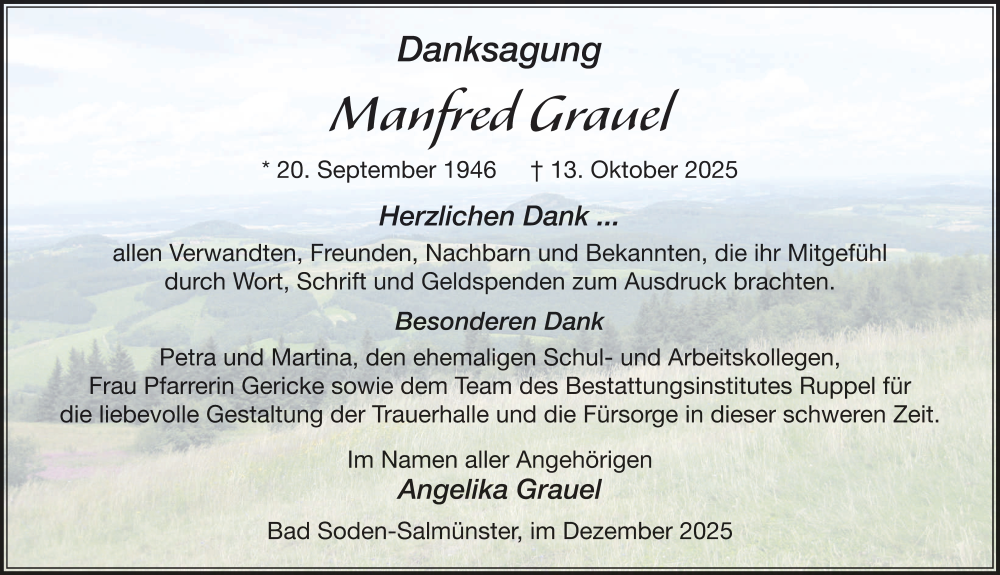  Traueranzeige für Manfred Grauel vom 06.12.2025 aus FZ