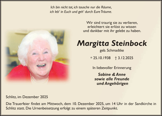 Traueranzeige von Margitta Steinbock von FZ