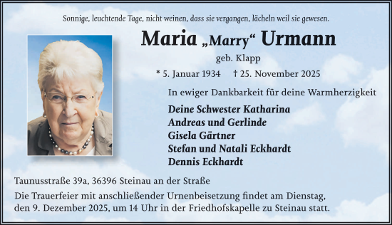 Traueranzeige von Maria Urmann von FZ