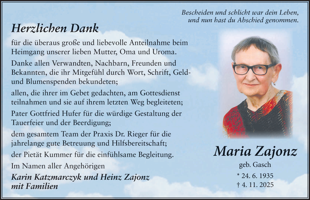  Traueranzeige für Maria Zajonz vom 13.12.2025 aus FZ