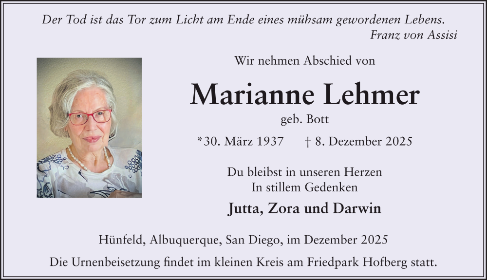  Traueranzeige für Marianne Lehmer vom 19.12.2025 aus FZ