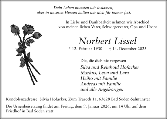 Traueranzeige von Norbert Lissel von FZ