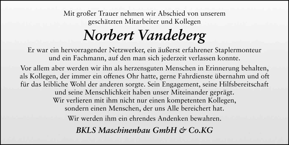  Traueranzeige für Norbert Vandeberg vom 17.12.2025 aus FZ