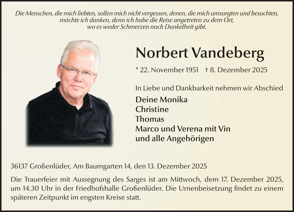  Traueranzeige für Norbert Vandeberg vom 13.12.2025 aus FZ