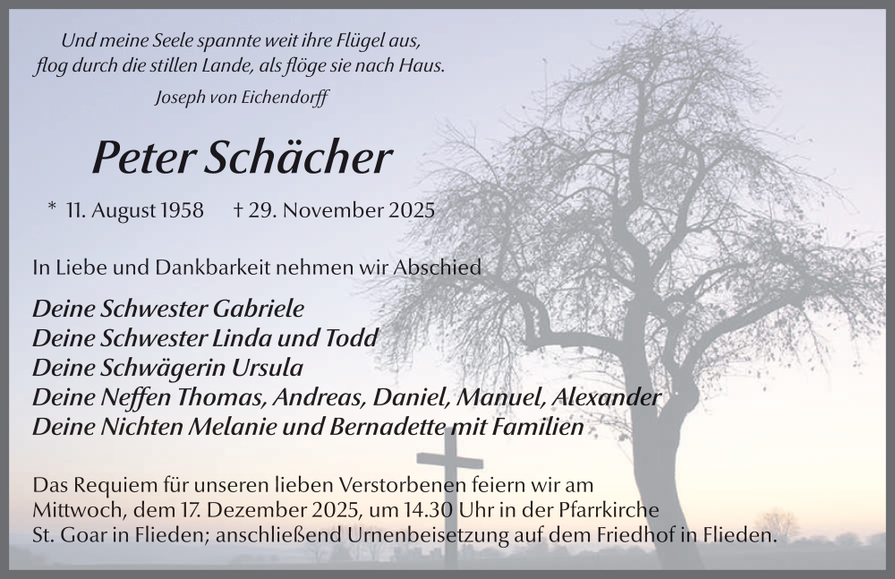  Traueranzeige für Peter Schächer vom 12.12.2025 aus FZ