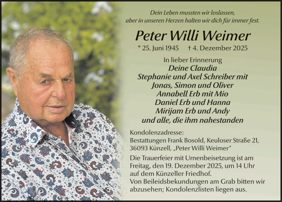 Traueranzeige von Peter Willi Weimer von FZ