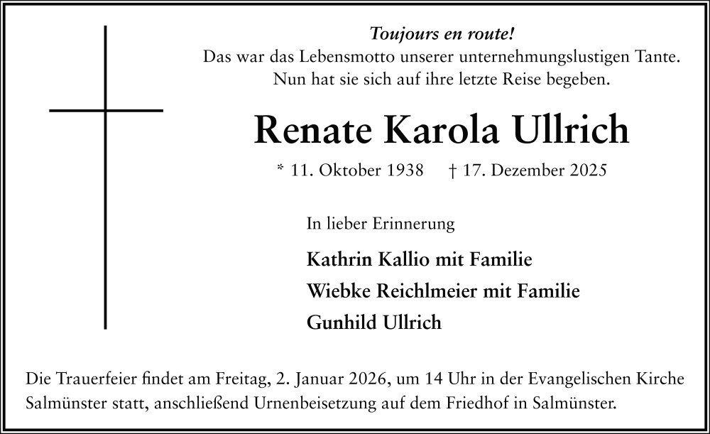  Traueranzeige für Renate Karola Ullrich vom 27.12.2025 aus FZ
