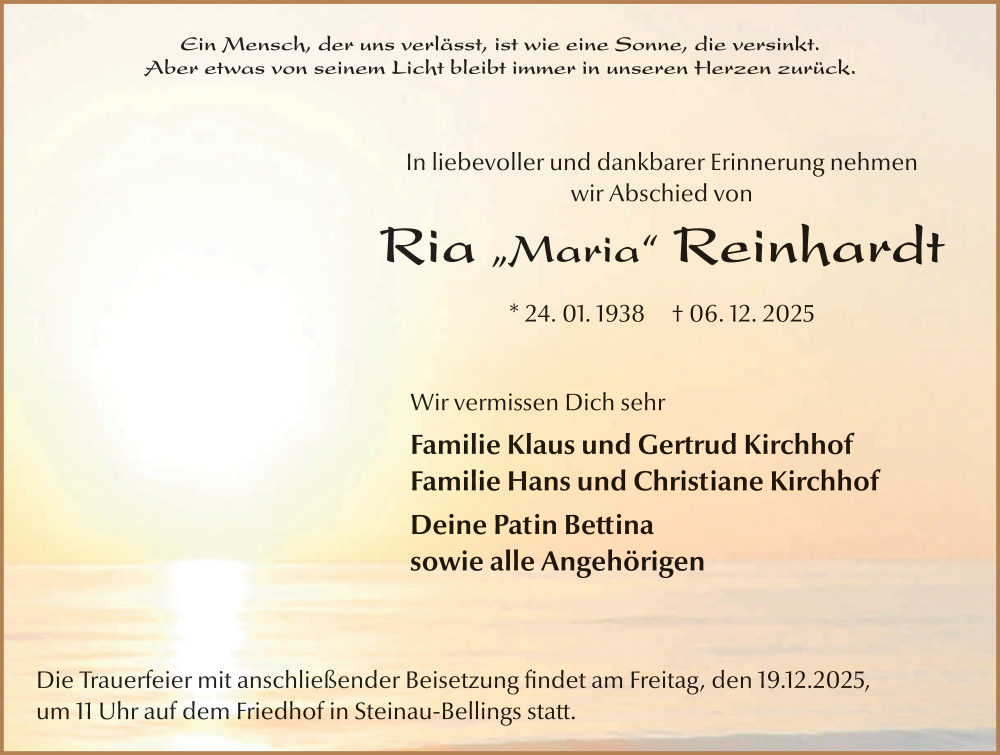  Traueranzeige für Ria Maria Reinhardt vom 13.12.2025 aus FZ