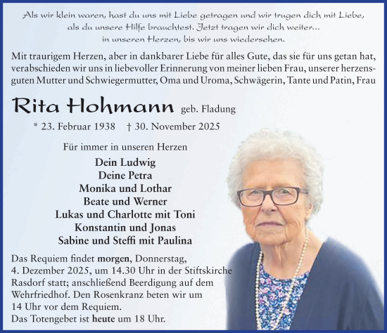 Traueranzeige von Rita Hohmann von FZ