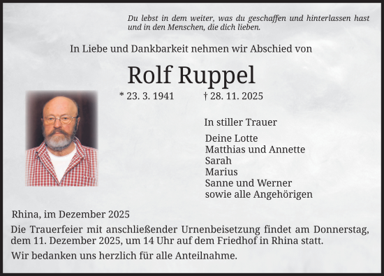 Traueranzeige von Rolf Ruppel von FZ