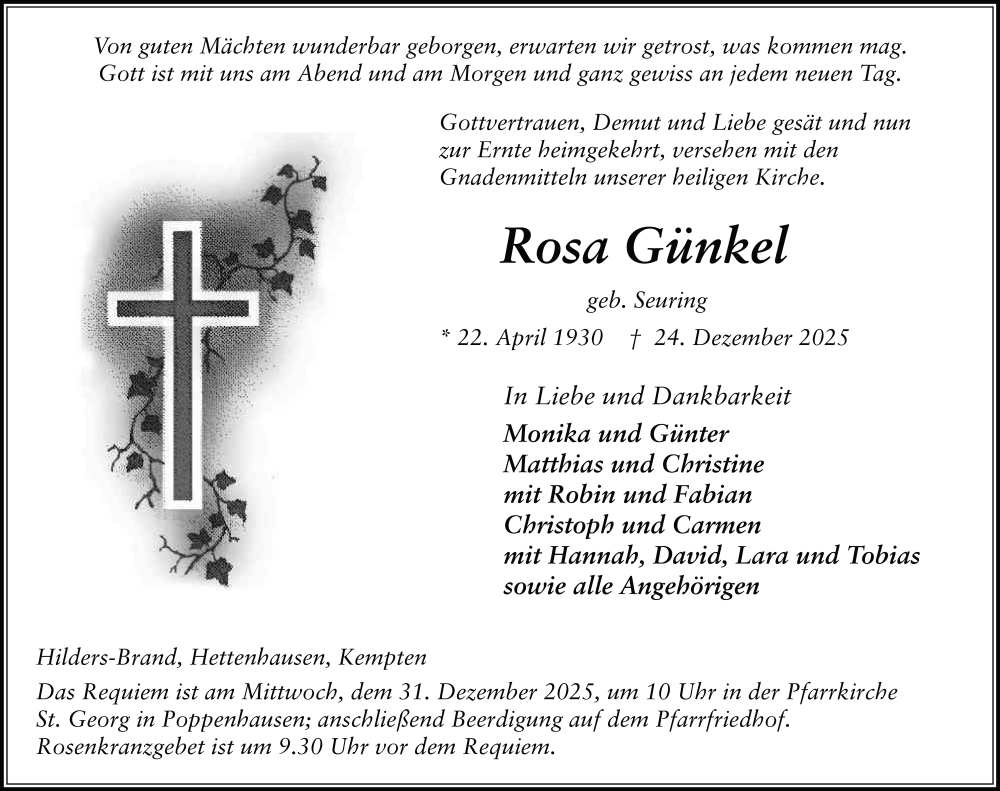  Traueranzeige für Rosa Günkel vom 29.12.2025 aus FZ