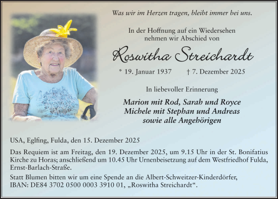 Traueranzeige von Roswitha Streichardt von FZ