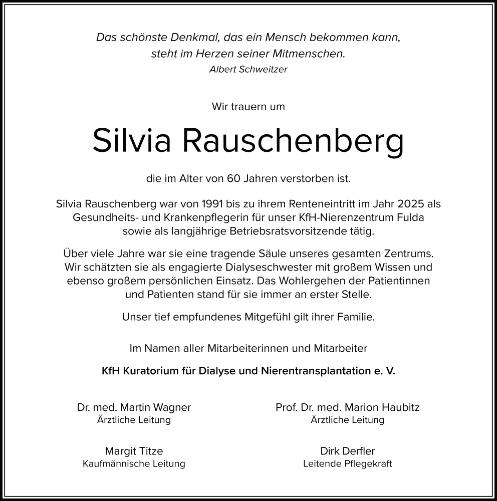  Traueranzeige für Silvia Rauschenberg vom 06.12.2025 aus FZ