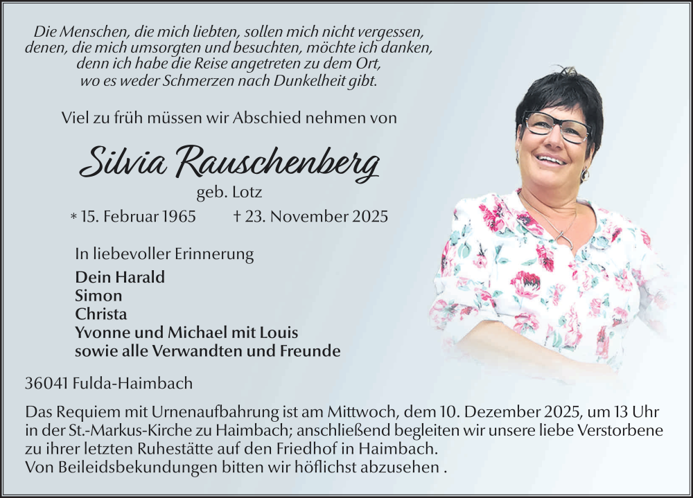  Traueranzeige für Sylvia Rauschenberger vom 06.12.2025 aus FZ
