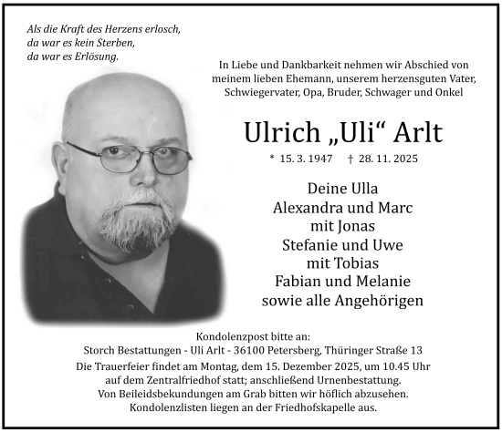 Traueranzeige von Ulrich Arlt von FZ