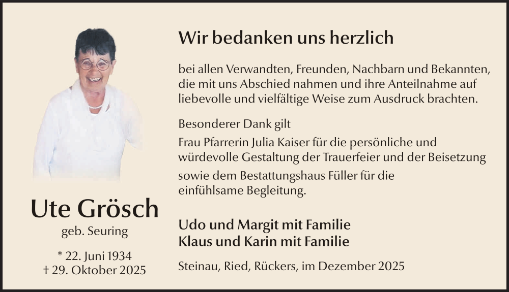  Traueranzeige für Ute Grösch vom 06.12.2025 aus FZ