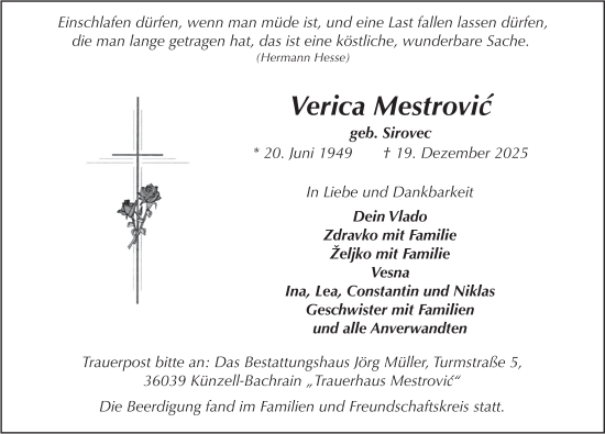 Traueranzeige von Verica Mestrovic von FZ