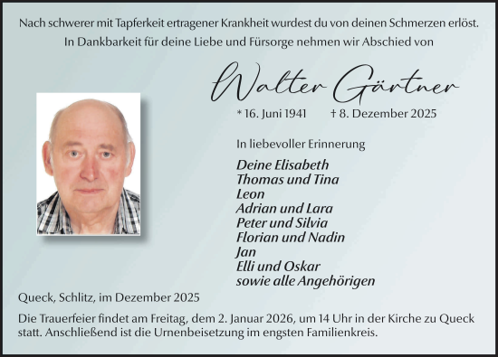 Traueranzeige von Walter Gärtner von FZ