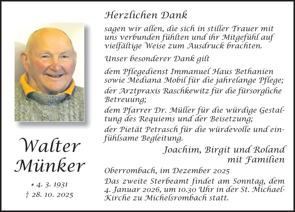 Traueranzeige für Walter Münker vom 29.12.2025 aus FZ