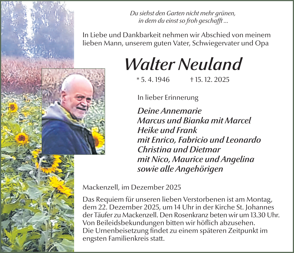  Traueranzeige für Walter Neuland vom 19.12.2025 aus FZ