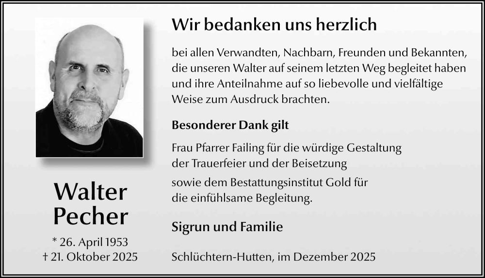  Traueranzeige für Walter Pecher vom 06.12.2025 aus FZ