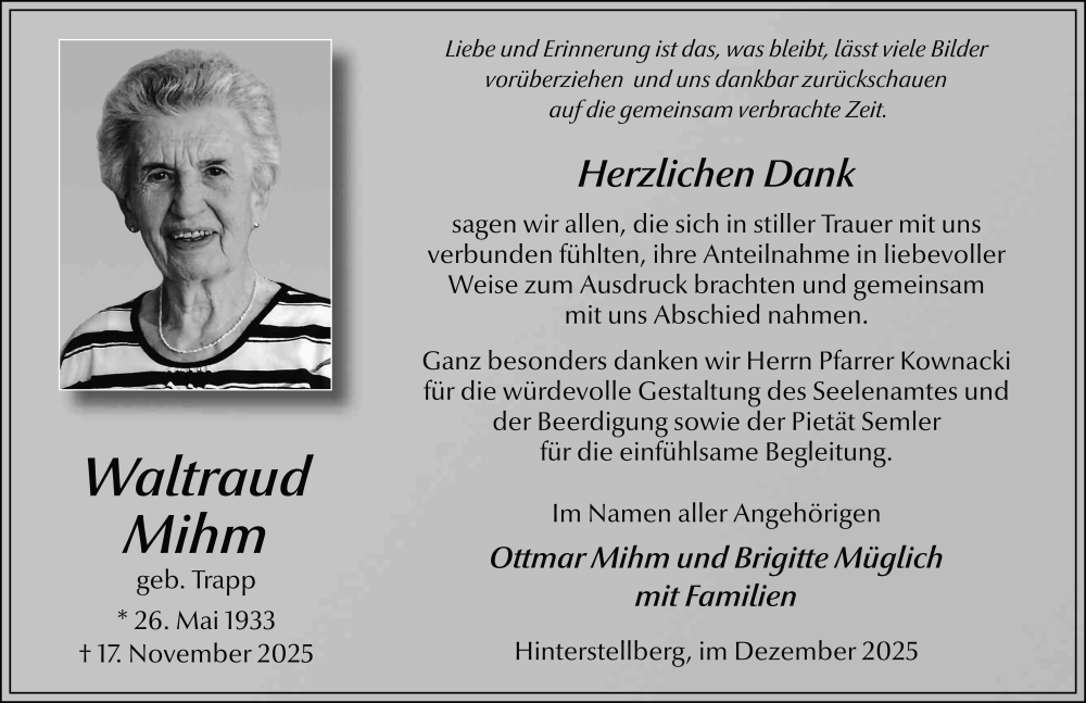  Traueranzeige für Waltraud Mihm vom 20.12.2025 aus FZ