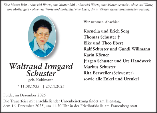 Traueranzeige von Waltraud Irmgard Schuster von FZ