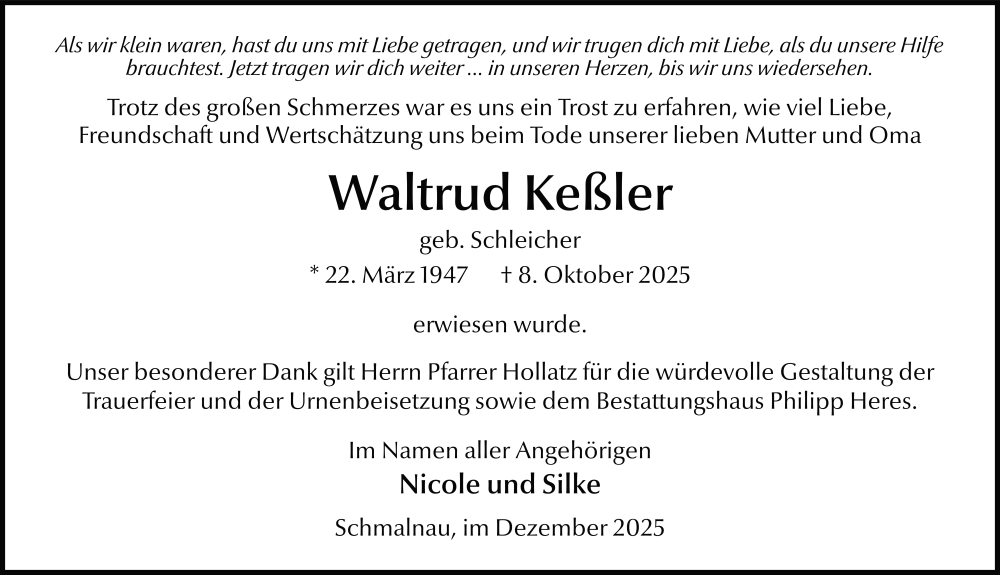  Traueranzeige für Waltrud Keßler vom 12.12.2025 aus FZ