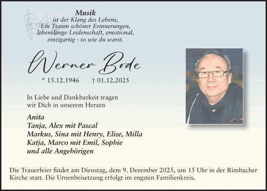 Traueranzeige von Werner Bode von FZ