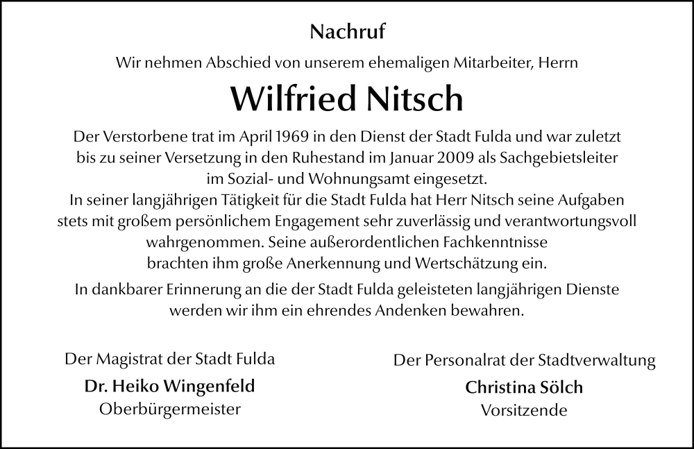  Traueranzeige für Wilfried Nitsch vom 13.12.2025 aus FZ