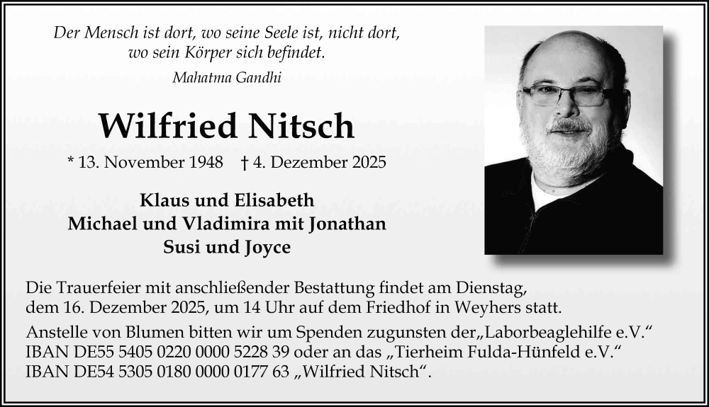  Traueranzeige für Wilfried Nitsch vom 13.12.2025 aus FZ