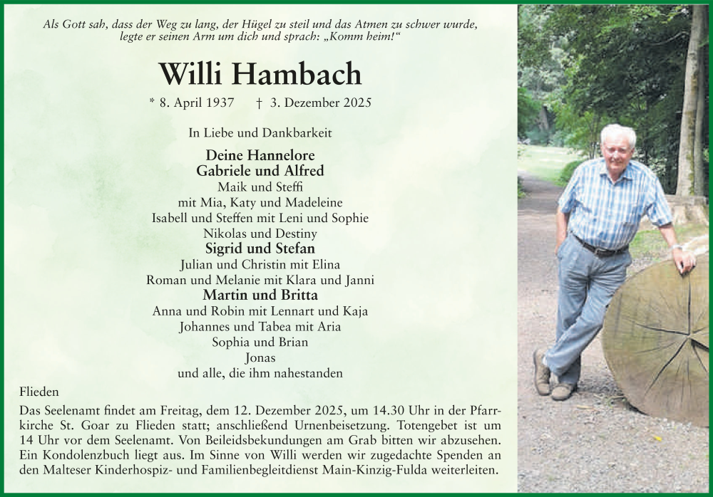  Traueranzeige für Willi Hambach vom 10.12.2025 aus FZ